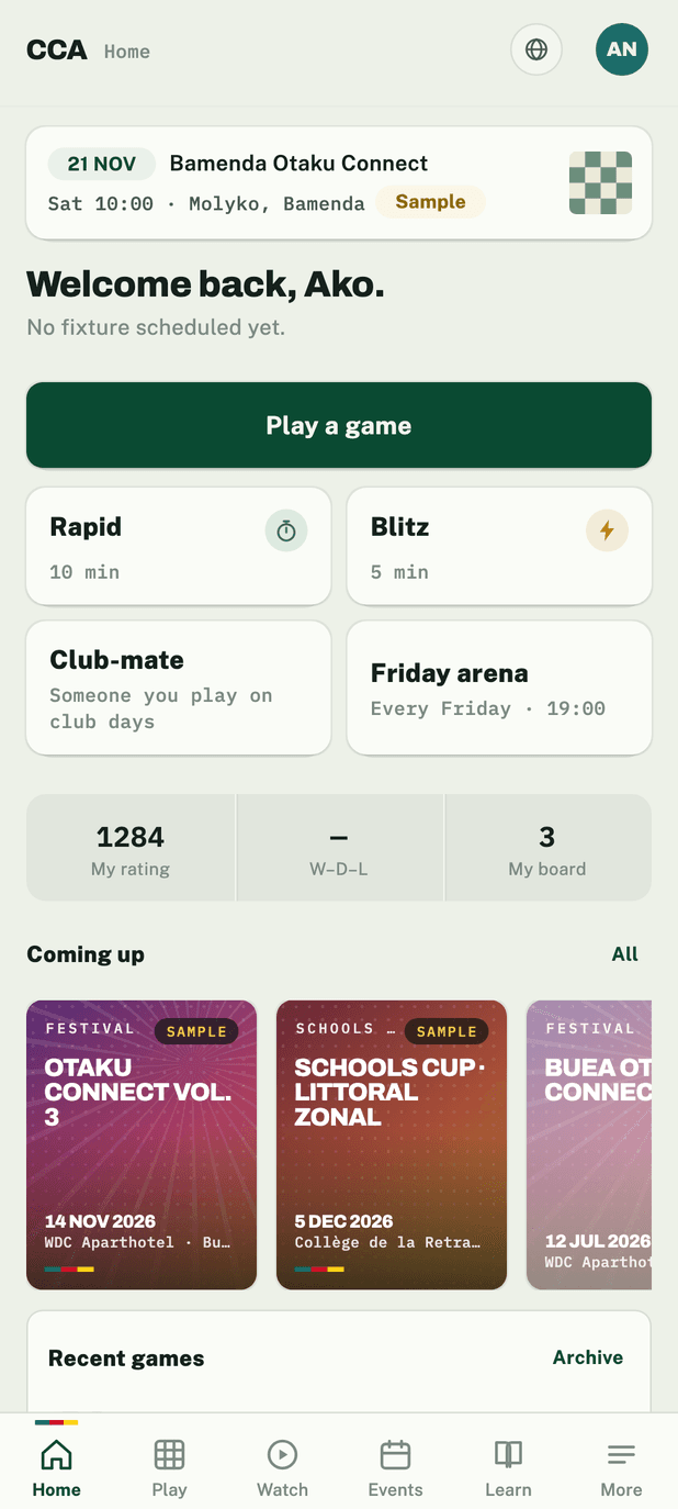 The app's home screen: a club's live boards, the player's rating and record, and what is coming up.